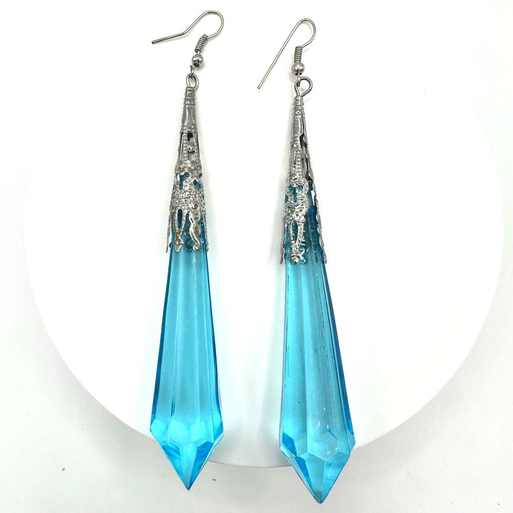 Vintage silver tone statement aqua blue lucite gems dangle drop hook earrings